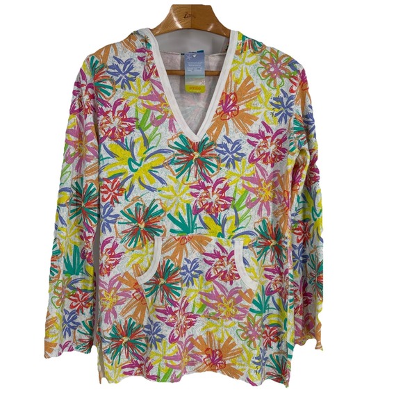 Fresh Produce Women Mardi Gra Hoodie Medium White Colorful Floral Pocket Beachy - Picture 1 of 9